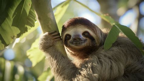 Cute Sloth Hanging On Tree Branch With Funny Face Sloth In Tree Costa