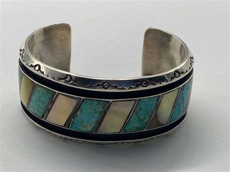 Sterling Silver Turquoise Mother Of Pearl Cuff Bracelet Ozt