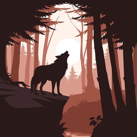 Un Lobo En El Bosque Con La Luna Hermoso Paisaje Vector Premium