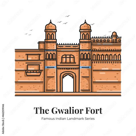 The Gwalior Fort Indian Famous Iconic Landmark Cartoon Line Art