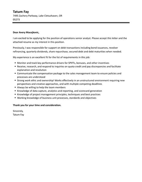 Operations Senior Analyst Cover Letter Velvet Jobs