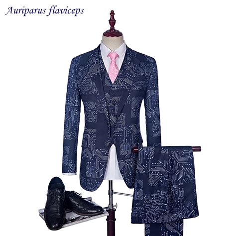 2019 3 Suit Blue Slim Fit Suits For Men Circuit Board Pattern Stage