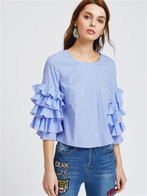 Shein Layered Ruffle Sleeve Pinstripe Top Blouses For Women Sleeves Designs For Dresses