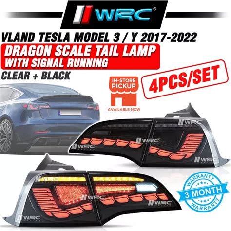 Vland Tesla Model 3 Y 2017 2022 Dragon Scale Tail Lamp With Signal Running Clear Black