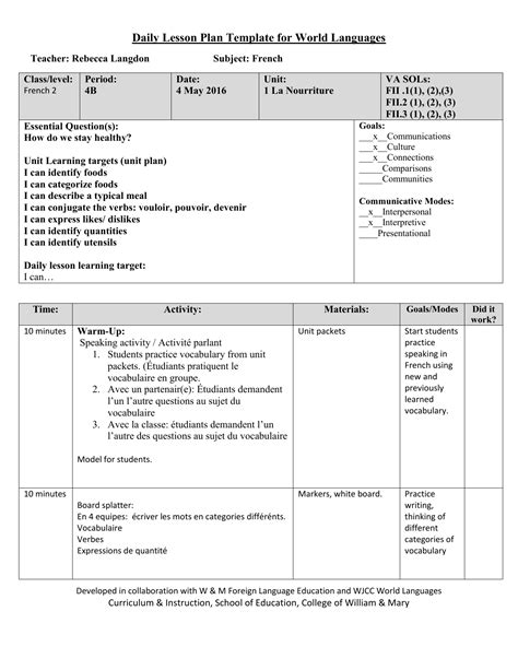 Daily Lesson Plan Template For World Languages