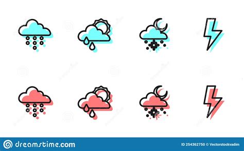 Set Line Cloud With Snow And Sun Rain And Lightning Bolt Icon Vector