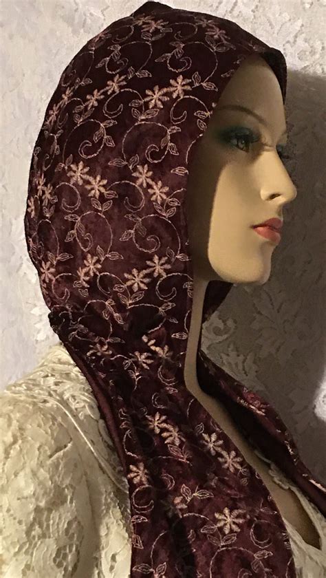 Wine Floral Embroidered Snood Wrap Head Covering Headwear For Modesty