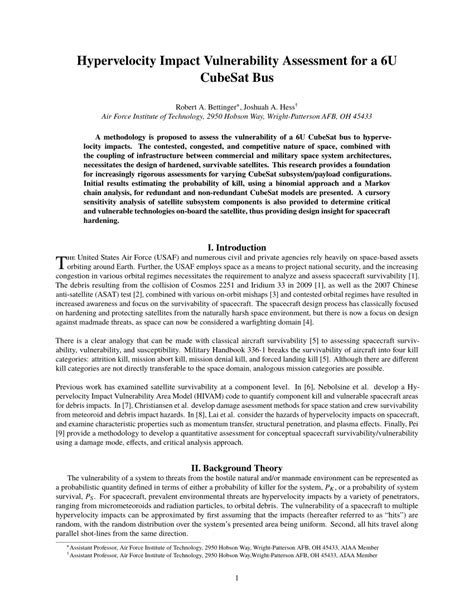 PDF Hypervelocity Impact Vulnerability Assessment For A 6U CubeSat Bus