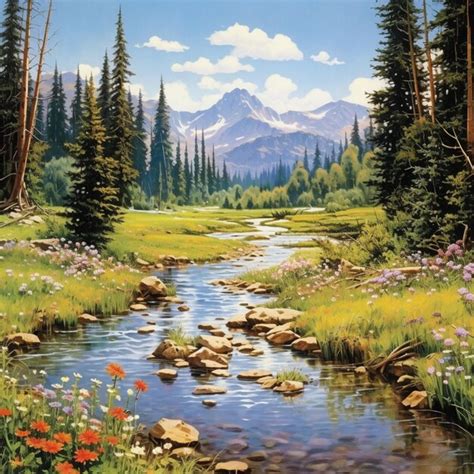 Premium AI Image | A painting of a stream with a mountain in the ...