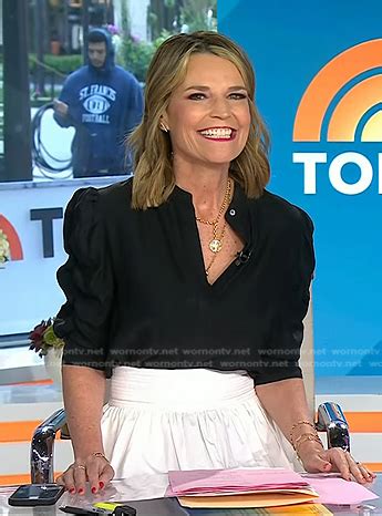 WornOnTV Savannahs Black Ruched Sleeve Blouse And White Midi Skirt On