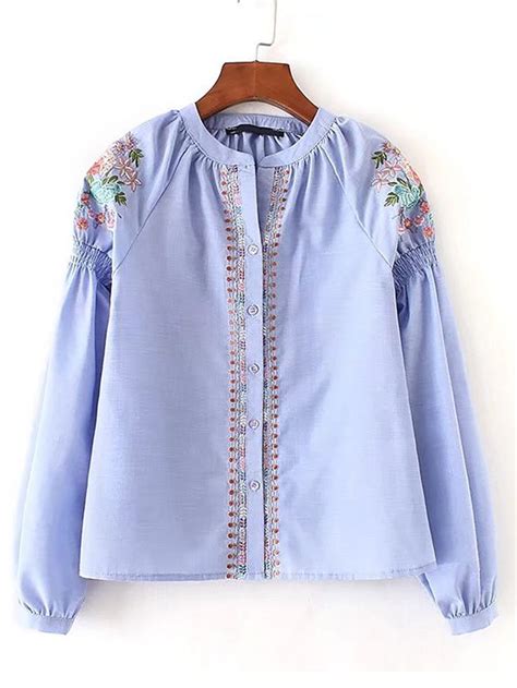 Embroidery Flower Shirred Detail Blouse Long Sleeve Blouse Long