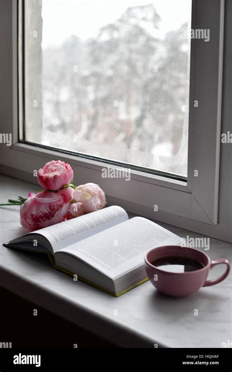 Cozy Home Still Life Cup Of Hot Coffee Spring Flowers And Opened Book