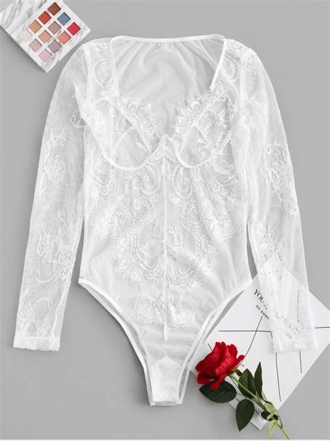 36 Off 2021 Lace Insert Cupped Long Sleeve Lingerie Teddy In White Zaful