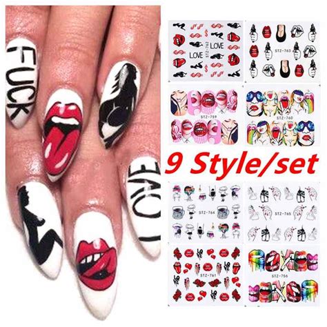 9 Style Nail Stickers Sexy Lips Cool Girl Water Decals Wraps Cartoon