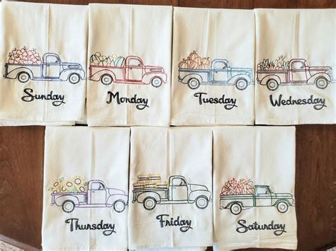 Retro Truck Days Of The Week Embroidered Flour Sack Dish Etsy Tea