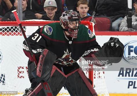 Adin Hill of the Arizona Coyotes gets ready to make a save against ...