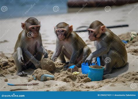 Family of Monkeys Dressed in Beach Attire, Building Sandcastles and ...