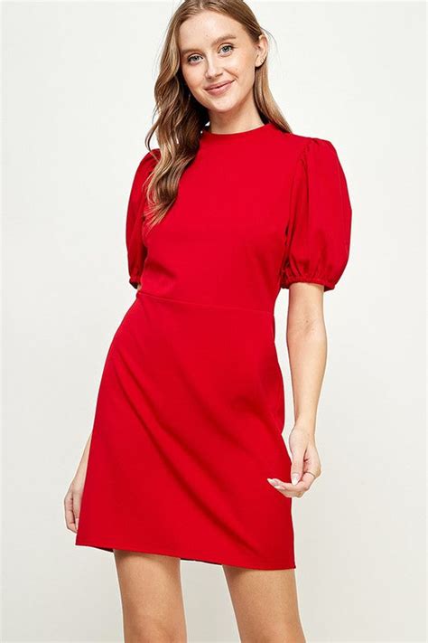 Solid Crepe Mock Neck Puff Sleeve Dress Red Shopperboard