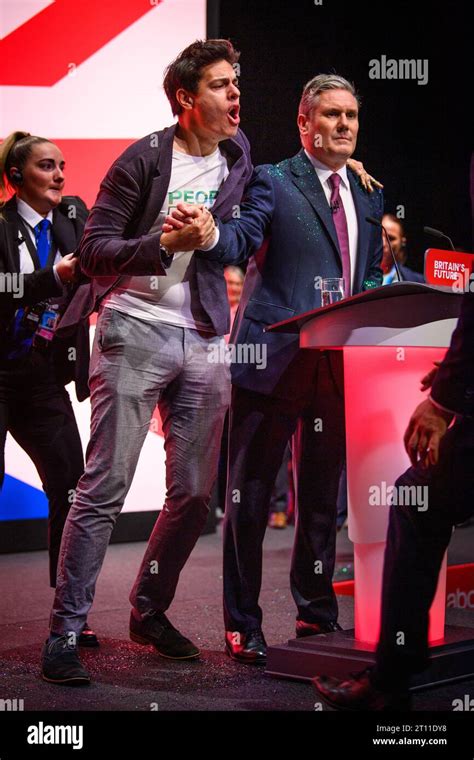 London Uk 10 October 2023 A Protester Throws Glitter Over Labour Party Leader Keir Starmer