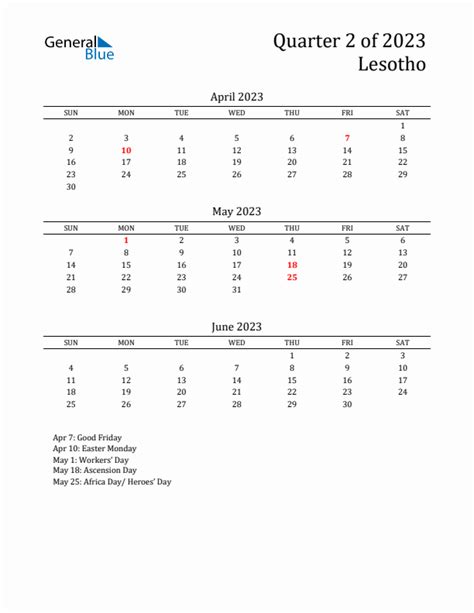 Q2 2023 Quarterly Calendar With Lesotho Holidays Pdf Excel Word