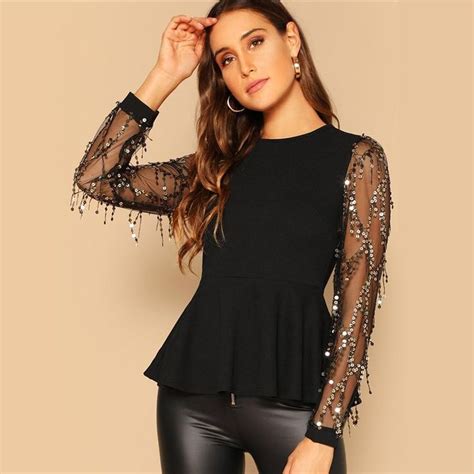 Women S Sequin Mesh Sleeve Peplum Blouse Black Blouse Women Blouses For Women Elegant Blouses