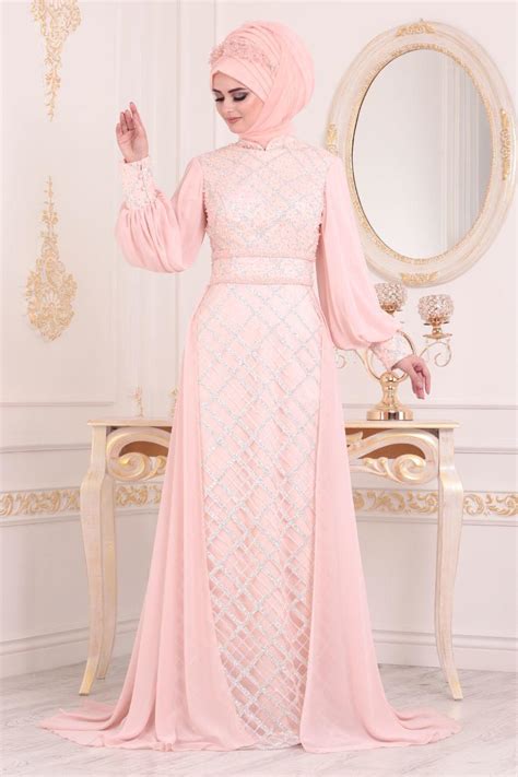 Tesettürlü Abiye Elbise Powder Pink Hijab Evening Dress 2032pd