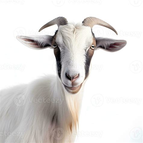 Content Close Up Portrait Of A White Goat With Horns Isolated Object