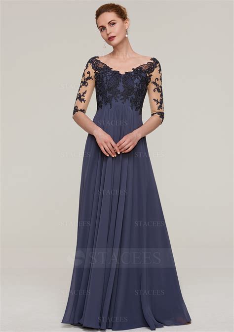 Half Sleeve V Neck A Line Princess Chiffon Long Floor Length Mother Of