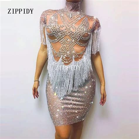 Luxury Sparkly Crystals Tassel Dress Costume Celebrate Rhinestones