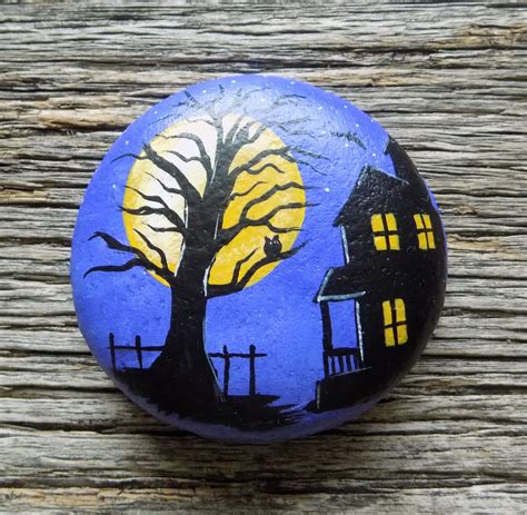 Haunted House Painted Rock Decorative Accent Stone Etsy Stone Art