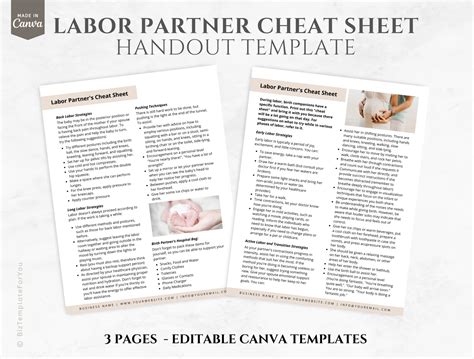 Editable Labor Partner Cheat Sheet Template Birth Partner Info Sheet