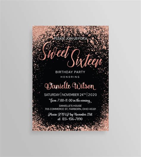 Invitations And Announcements Paper Black And Gold Photo Sweet Sixteen Birthday Invitation Pink