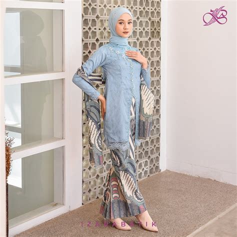 Jual Anggita Sky Blue Setelan Baju Kebaya Batik Modern Couple Wisuda