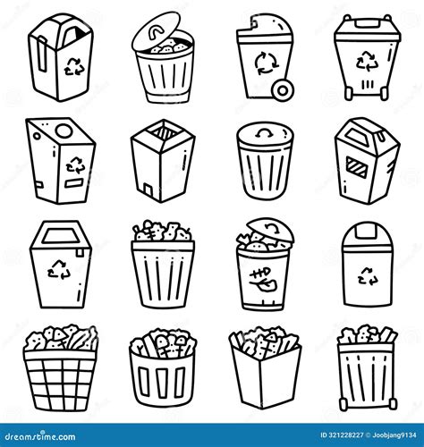 Rubbish Bin Trashcan Garbage Trash Doodle Hand Drawing Outline Set