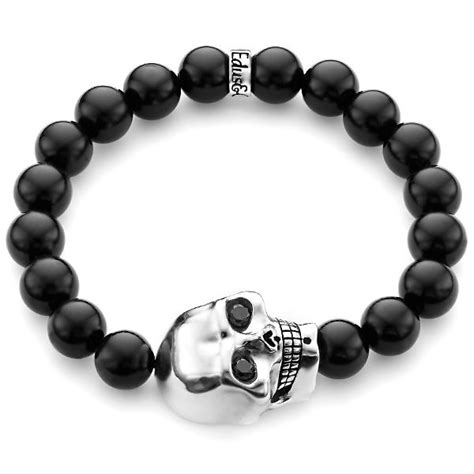 Black Onyx Bead Diamond Large Skull Bracelet In Silver Skull Bracelet Bracelets For Men