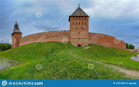 Red Brick Towers And Walls Of The Kremlin Fortress In Veliky Nov Stock