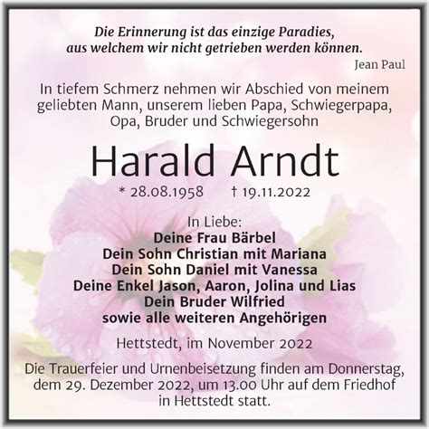 Traueranzeigen Von Harald Arndt Abschied Nehmen De