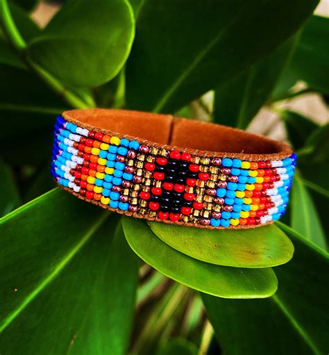 Beaded Cuff Bracelet Brown Leather Bracelet Indigenous Made Etsy