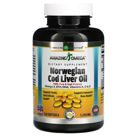 Amazing Nutrition Norwegian Cod Liver Oil Lemon 1 250 Mg 120 Softgels