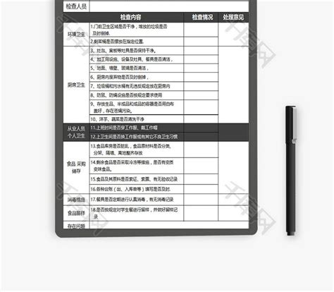 学校食堂卫生检查记录表excel模板千库网excelid：90988