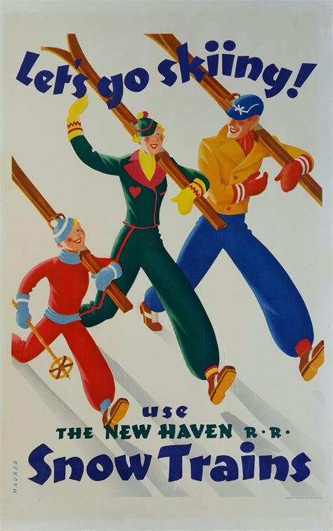 Original Vintage Poster Ski Lets Go Skiing New Haven Snow Trains