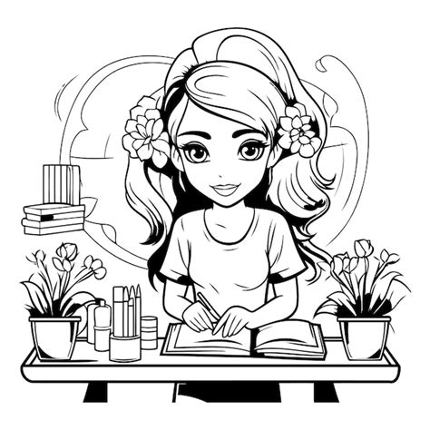 Niña sentada en la mesa y haciendo la tarea ilustración vectorial en