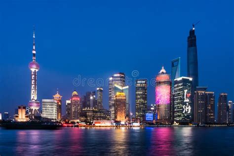 Pudong landmarks at night editorial photography. Image of blue - 50980572