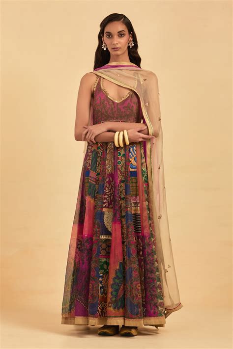 Buy Multi Color Organza Print Peacock V And Flower Anarkali With