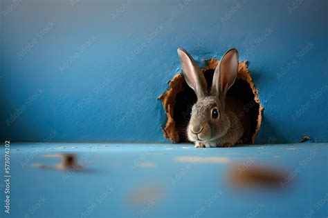 Bunny Peeking Out Of A Hole In The Blue Wall Fluffy Eared Bunny Easter