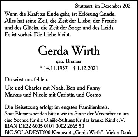 Traueranzeigen Von Gerda Wirth Stuttgart Gedenkt De