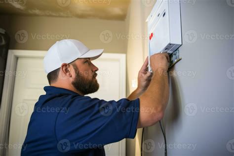 A technician installing a home security system and explaining its