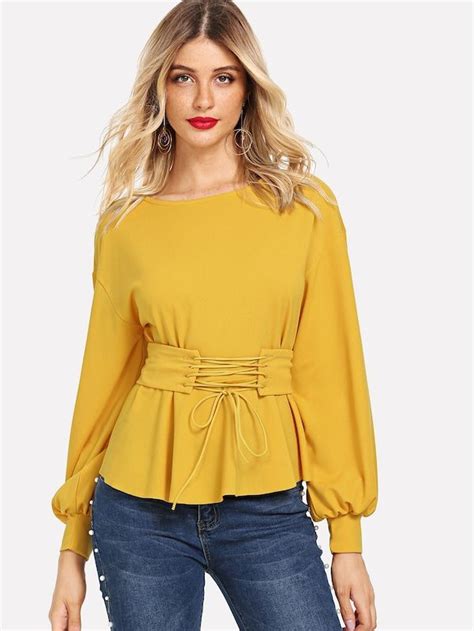 Shein Lantern Sleeve Top With Corset Belt Lantern Sleeve Top Blouses