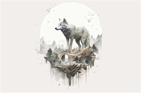 Un hermoso lobo en la cima de una colina en blanco y negro ilustración