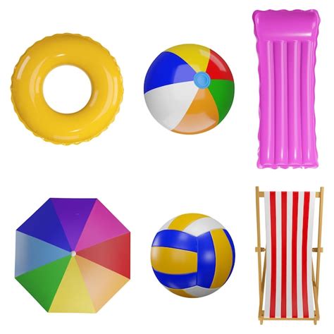 Premium Vector Set Of Summer 3d Elements Isolated Beach Umbrella Ball Deck Chair Pool Raft And